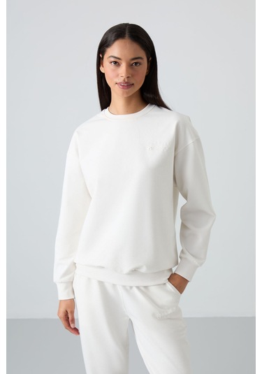 Tommy Life Ekru Basic Pamuklu O Yaka Oversize Lastik Paça Kadın Eşofman Takım - 95287 Ekru