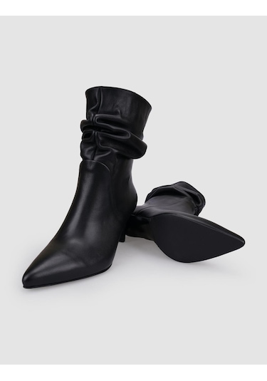 %100 Hakiki Deri Siyah Kadın Topuklu Bot Siyah