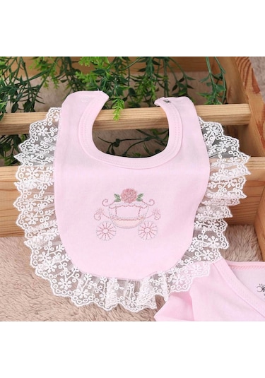 Çiçekli Araba Nakışlı Dantelli 5'li Kız Bebek Hastane Çıkışı 0-3 Ay Pembe Pembe