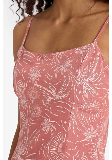 Defacto Kare Yaka Desenli Yırtmaçlı Keten Karışımlı Askılı Midi Elbise F7150ax25smbr154 Bordo