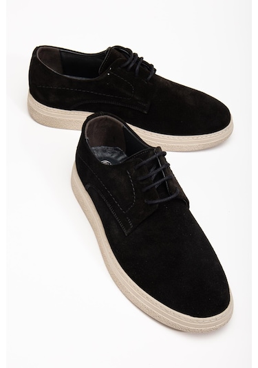 Hakiki Deri Süet Erkek Günlük Aykkabı Siyah Bağlı Bej Taban-3776 Siyah