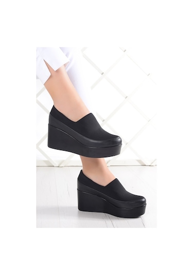 Erkan Saçmacı Carla Siyah Hakiki Deri Ön Yüz Streç Dolgu Topuklu Günlük Ayakkabı Siyah