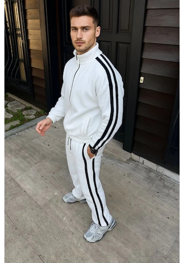 Erkek Çift Şeritli Eşofman Takım Dik Yaka Fermuarlı Sweatshirt Boru Paça Alt, Oversize 3 İplik Pamuk Beyaz