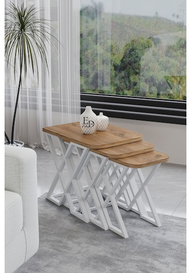 Milano 3'lü Zigon Sehpa Beyaz Metal - Atlantik Çam Tabla