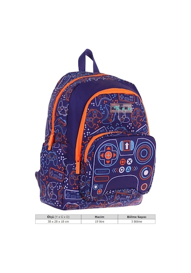 Kaukko Kids Üç Bölmeli Lacivert Turuncu - Oyun Desenli Erkek Çocuk Okul Ve Günlük Sırt Çantası - L5281 Lacivert - Turuncu