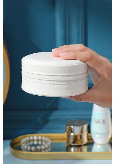 Chavin Beyaz Deri Seyahat Yüzük Küpe Kolye Takı Kutusu St1-69by Beyaz