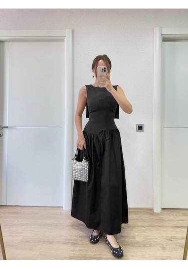 Krep Arkası Kanat Arka Ön Pens Detaylı Uzun Kadın Elbise - Siyah Siyah