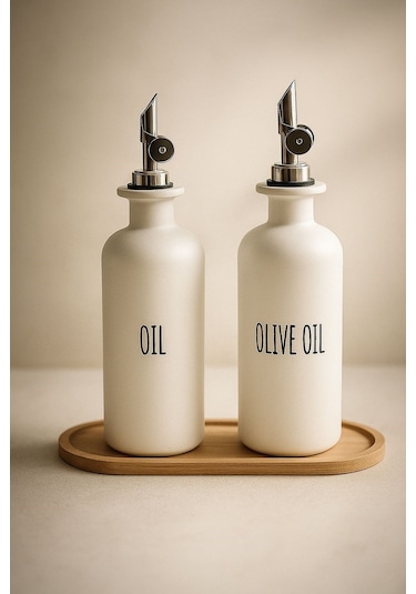 Qerhome Bambu Stantlı 2'li Beyaz Gümüş Başlıklı Cam Yağdanlık Seti Oil-olive Oil-vinegar-sauce 500 Ml Beyaz