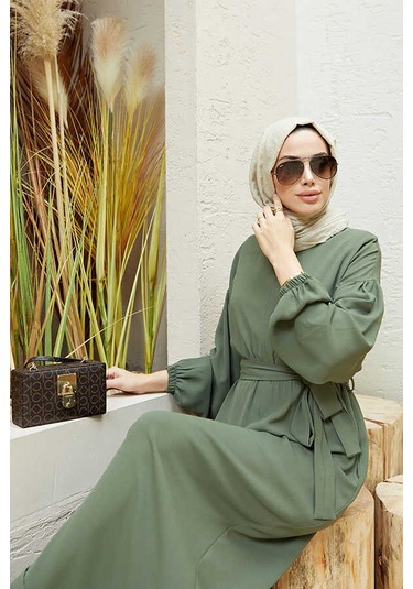 6569-Krep Tulum Elbise Haki