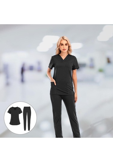 Homyl Rahat Hemşirelik Ovma Seti Spa Üniformaları Moda M-siyah