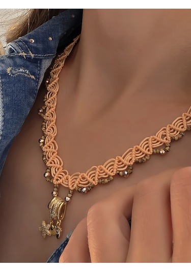 Makrome Bohem İp Örme Siyah El Yapımı Bağlamalı Kolye Pembe