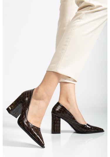Suins Premium Kevin Model Kadın Kalın Topuklu Kroko Stiletto Ayakkabı Kahve