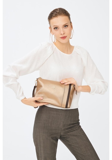 Deri Company Kadın Basic Clutch Çanta Düz Desenli Şeritli Logolu Altın Kahverengi (4006A-K) 214012 Altın