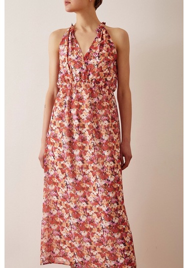 Never More Çiçek Desenli Askılı Elbise Krem