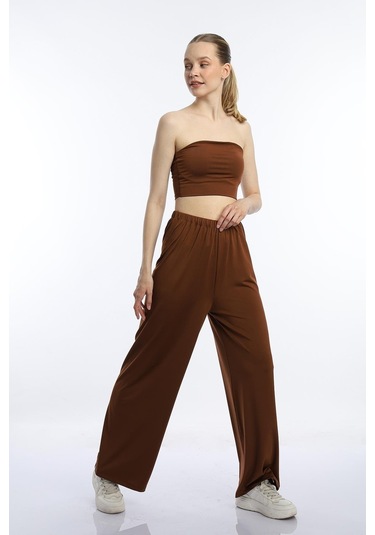 Quhox Kadın Allegro Kumaş Oversize Pantolon Kahverengi