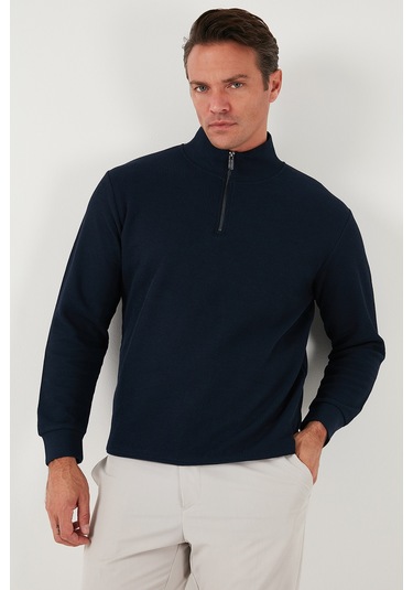 Buratti Pamuklu Regular Fit Yarım Fermuarlı Dik Yaka Erkek Sweat 5905716 Koyu Lacivert