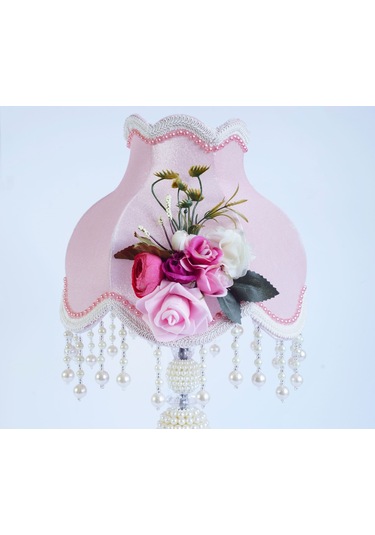 Dekovien Kadife Kaplı Çiçek Dekorlu Abajur Pembe İncili Model
