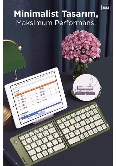 Torima TK-08 Yeşil Kablosuz Katlanabilir Şarjlı Taşınabilir Mini Bluetooth Klavye