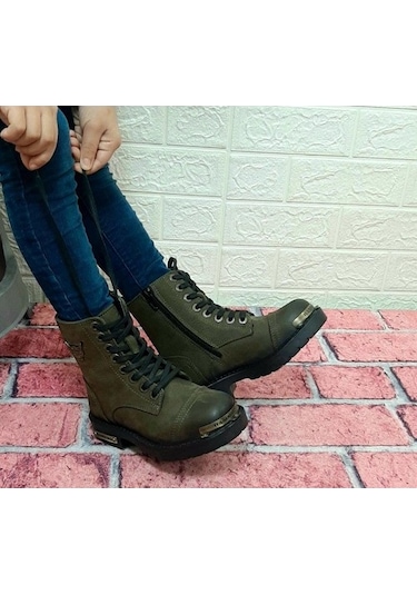 Hammerjack 17600.F Haki Hakiki Deri Fermuarlı Bağcıklı Çocuk Bot