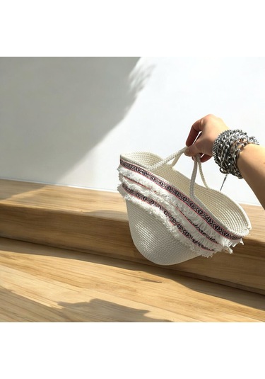 Hasır Çanta, Plaj Çantası, Tasarım Çanta, Ekru Pembe Şeritli El Çantası Ekru