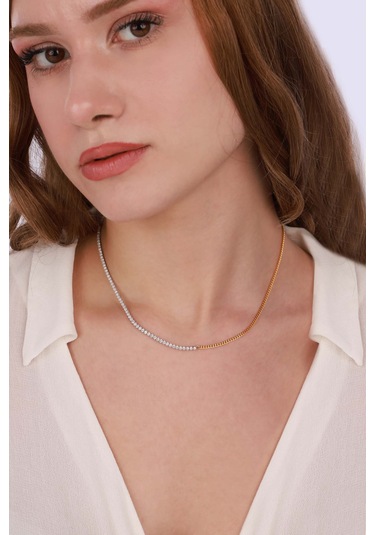 Yarısı Suyolu Yarısı Gurmet Zincir Çift Renkli Choker Gümüş Kolye