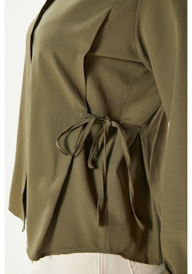Kadın Adrian Yan Bağlama Detaylı Haki Gömlek Haki