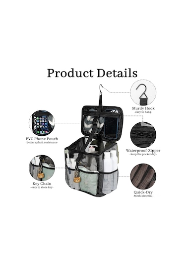 Padalink Siyah Pvc Ağ + Oxford Kumaş Banyo Depolama Sepeti - 48x27x18cm, Taşınabilir, Hızlı Kuruyan, Spor Salonu Ve Seyahat İçin - 2501 Modeli Siyah