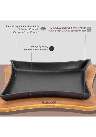 Lava Döküm Dikdörtgen Servis Tabağı Ve Ahşap Altlığı. Ölçü 13x17cm.
