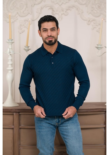 Woolen World Polo Yaka Slimfit Desenli Yünlü Erkek Triko Kazak İndigo