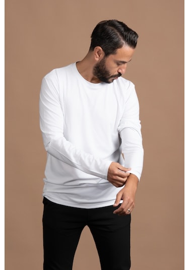 Regular Fit Bisiklet Yaka Rayon Kumaş Full Likralı Uzun Kol Sweatshirt Beyaz