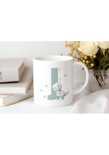 J Harfi Sevimli Dinozor Kupa Bardak - Açık Yeşil Yıldız Detaylı Dino Tasarım - Hediye Beyaz