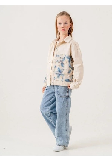 Kız Çocuk Çiçek İşlemeli Kot Ceket T-shirt İkili Takım-15600 Bej