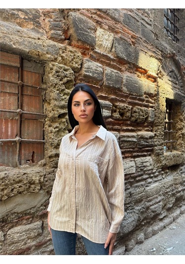Taş Çizgili Oversize Düğmeli Gömlek Taş