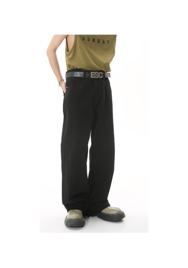 Erkekler İçin Düz Bol Kesim Sade Orta Yüksek Bel Kot Pantolon Siyah