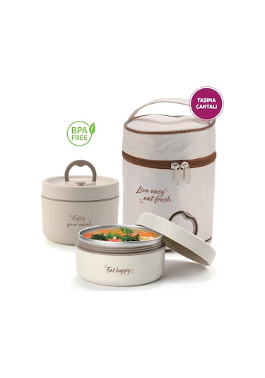 House Pratik Hp107 Çantalı Paslanmaz Çelik 2'li 600 + 440ml Lunch Box Yemek Kabı Krem