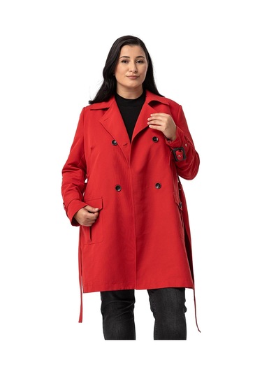Büyük Beden Kruvaze Kolu Bant Detaylı Cepli Kuşaklı Astarlı Kırmızı Trençkot Kırmızı