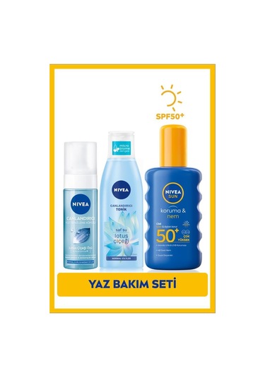 NIVEA Güneş Koruyucu Sprey SPF50 200 ML + Yüz Temizleme Köpüğü 150 ML + Tonik 200 ML