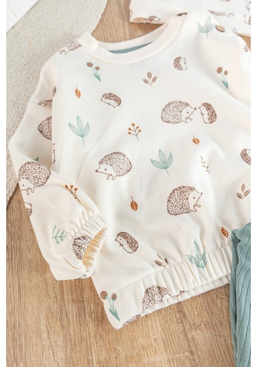 Figürlü 3'lü Şapkalı Unisex Bebek Takımı Su Yeşili