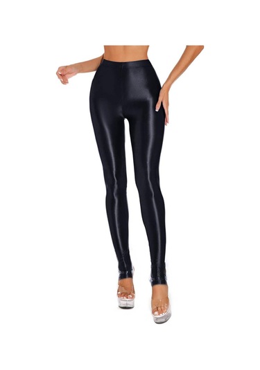 Kadın Parlak Üzengi Tayt Yüksek Bel Elastik Bel Tayt Spor Salonu Yoga Egzersiz Pantolonları Karın Kontrol Spor Pantolonları SiYAH