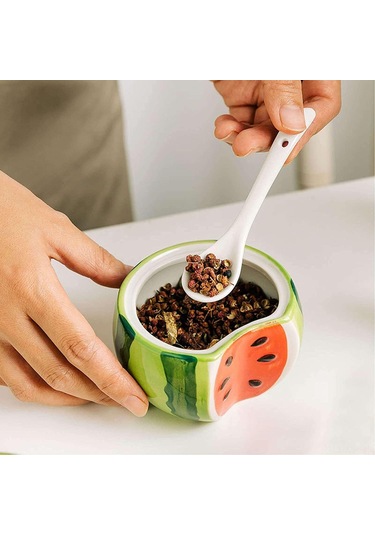 Geeroyoo Kırmızı Meyve Desenli Seramik Baharat Kavanozu Kapak Ve Kaşık İle - 230 Ml, Ev/cafe/parti İçin Malzeme Saklama Kabı Yeşil