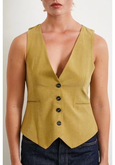 Never More Cep Kapaklı Keten Yelek Olive Olive