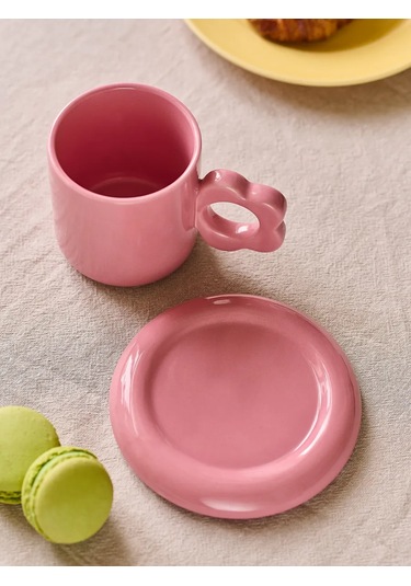 Roomi Seramik Çay Takımı 325 Ml, Kup Ve Halka Desenli Fincan Takımı 458193317 Pembe