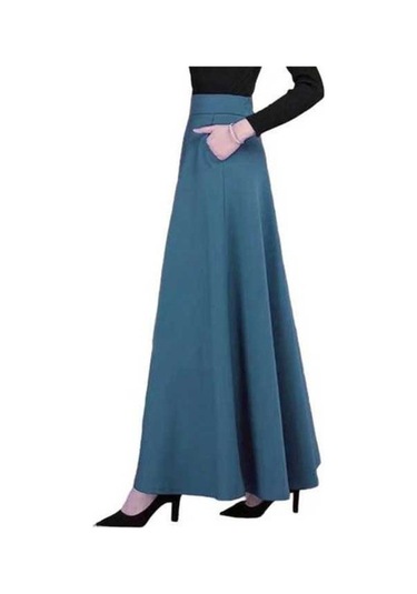 Fastbuy Kadın Maxi Elastik Yüksek Bel Büyük Etek A Kesim Uzun Cepli Düz Renk Ofis Mavi Mavi