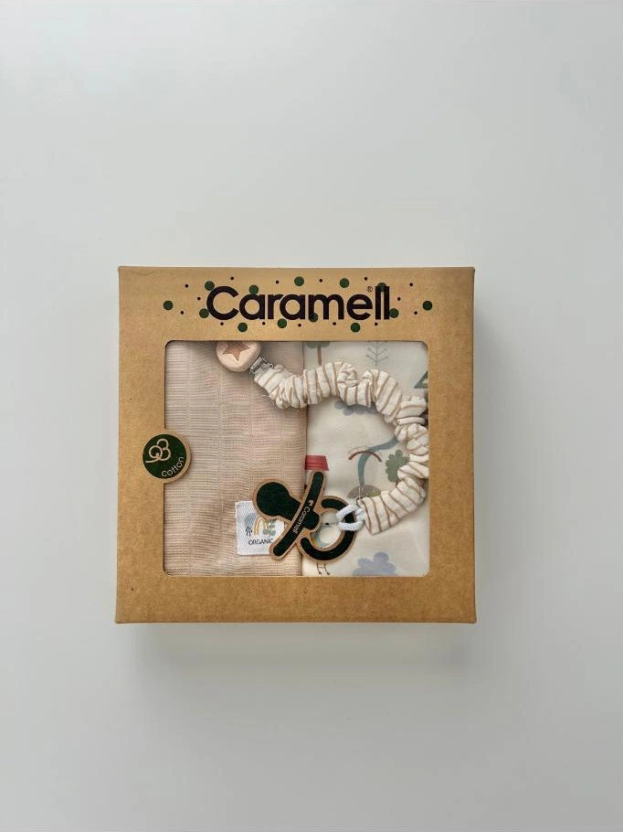 Caramell 3'lü Bebek Seti Pamuk 75-85 CM 1 Müslin Battaniye + 1 Penye Battaniye + Emzik Askısı Hediyelik Cappuccino Crml.cpcn.bte2205 Çok renkli