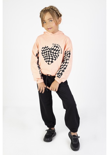 Kız Çocuk İki İplik Kumaş Orta Kalınlıktaa Baskılı Örme Basic Eşofman Takımı Somon