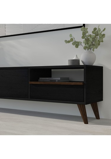 T0018 Çekmeceli, 2 Kapaklı Tv Sehpası Ahşap Siyah Ahşap Siyah