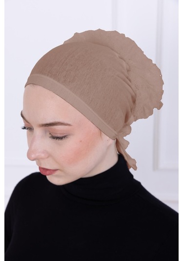 Fırfırlı Önden Dikişli Penye Bone - Kadın Tesettür Bağlamalı Topuz İç Bone-vizon Vizon