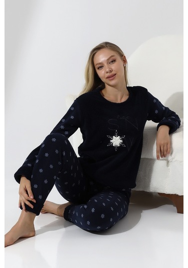 Fawn 5020 Peluş Welsoft Polar Kışlık Yumoş Kadın Pijama Takımı Lacivert