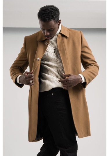 Yakalı Klasik Kesim Düğmeli Uzun Kaşe Erkek Kaban Taba