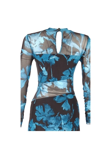 Explosion Uzun Kol Midi Şeffaf Elbise - Çiçek Desenli - Bohemian Stil Turkuaz